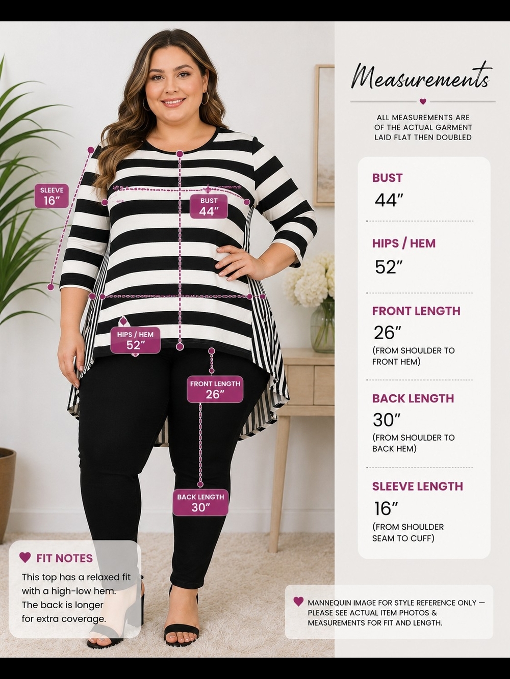 RXB Plus Size Black & White Striped High-Low 3/4 Sleeve Tunic Top